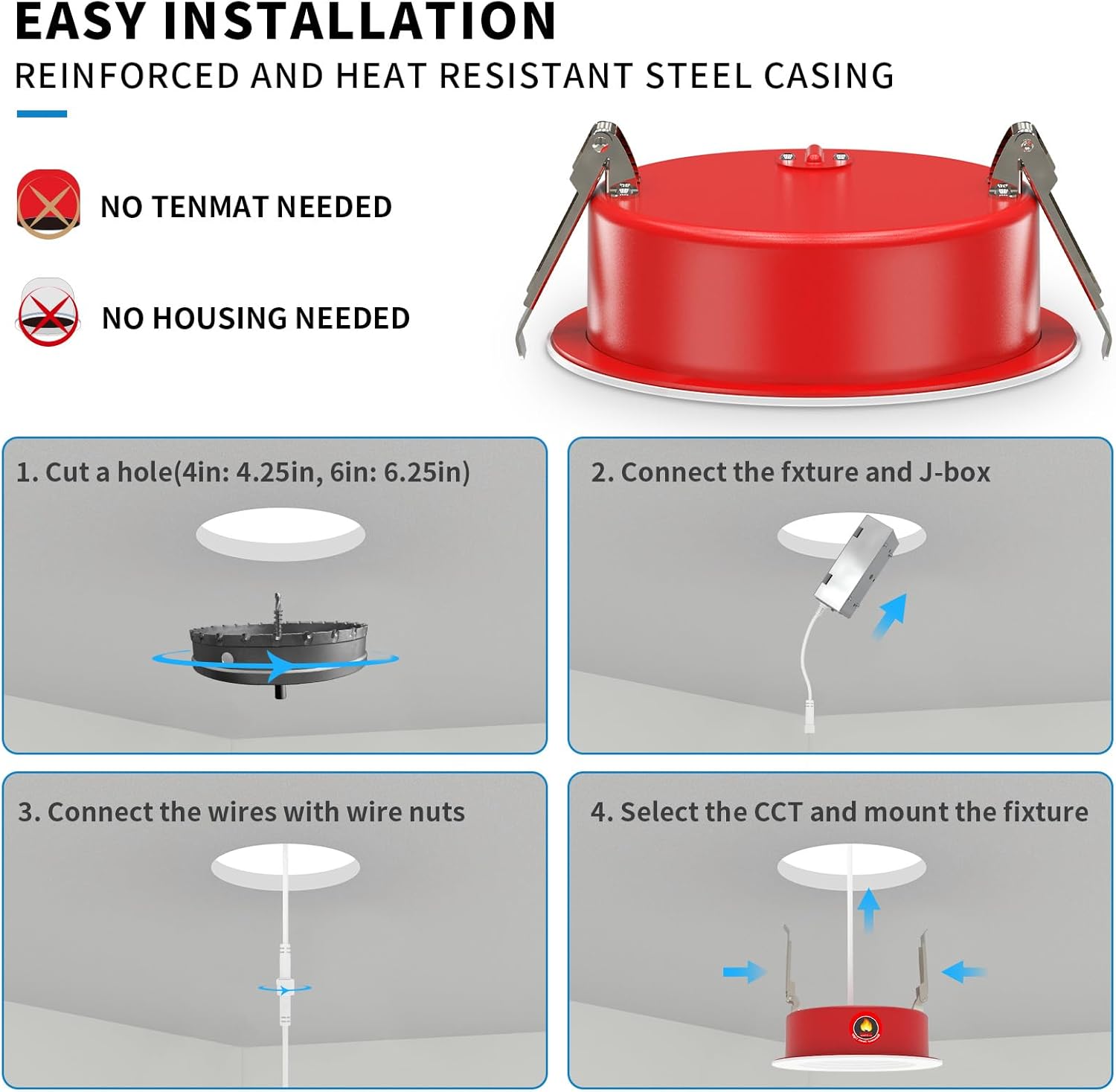 6 Inch Fire Rated Can-less Downlight with Flat/Smooth/ Baffle Trim