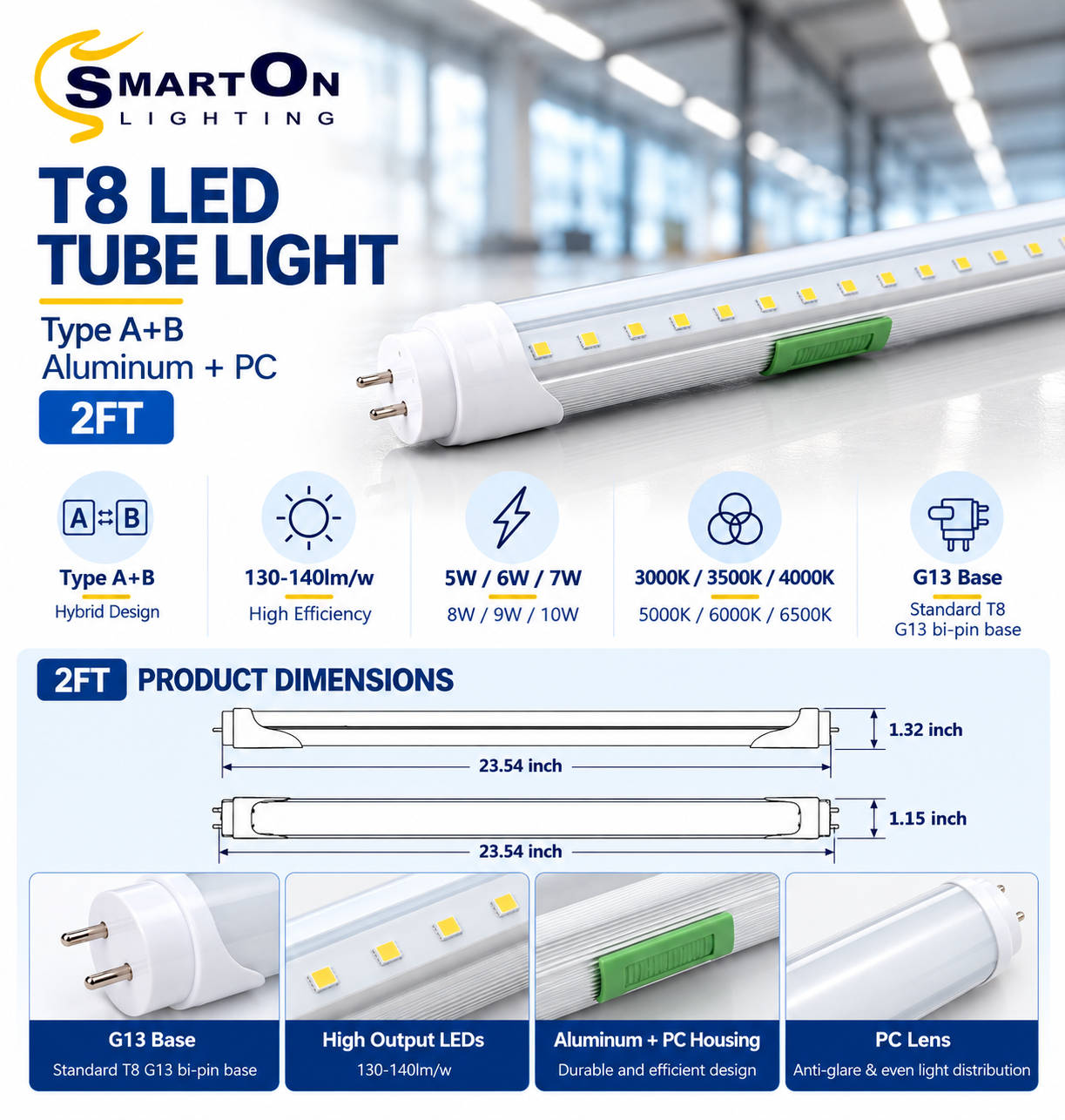 T8 LED Tube Light – Type A+B Hybrid, Aluminum + PC