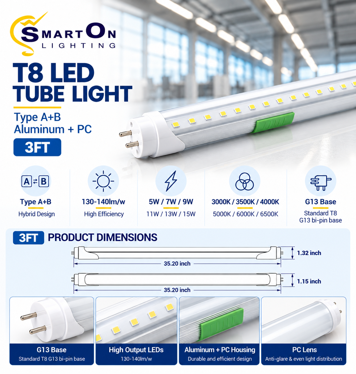 T8 LED Tube Light – Type A+B Hybrid, Aluminum + PC