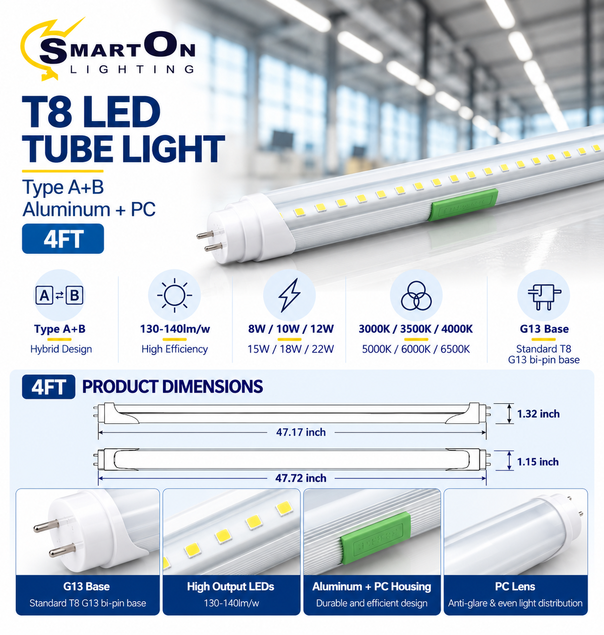 T8 LED Tube Light – Type A+B Hybrid, Aluminum + PC