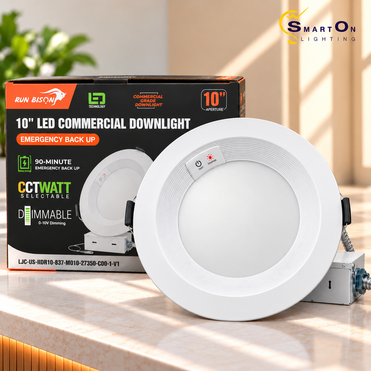 10 Inch LED Commercial Downlight with Emergency Battery Backup, 22W/29W/37.5W Selectable, 5CCT 2700K–5000K, 90-Minute Emergency Lighting, 0-10V Dimmable, IC Rated, Wet Location Rated