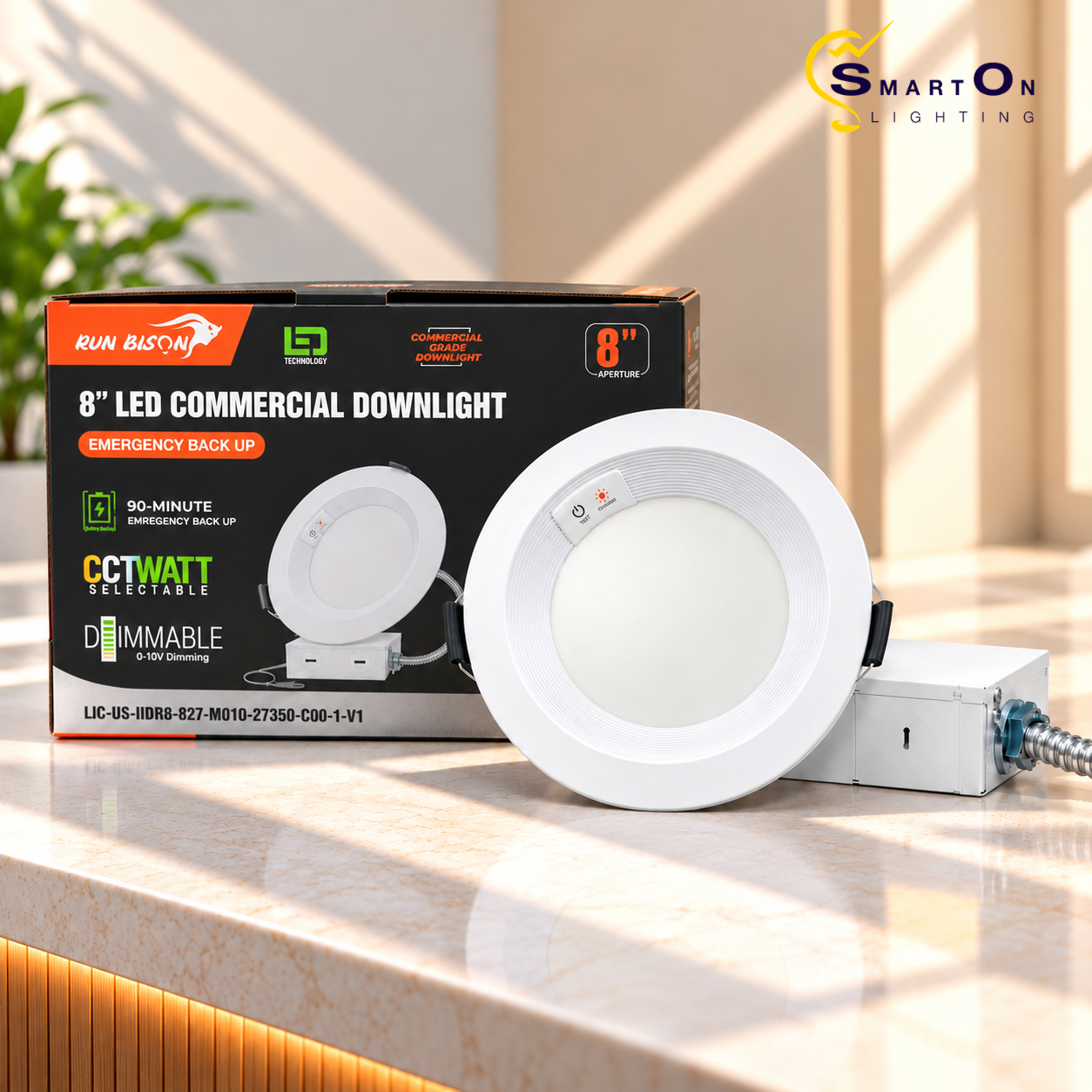8 Inch LED Commercial Downlight with Emergency Battery Backup, 16W/21W/27W Selectable, 5CCT 2700K–5000K, 90-Minute Emergency Lighting, 0-10V Dimmable, IC Rated, Wet Location Rated