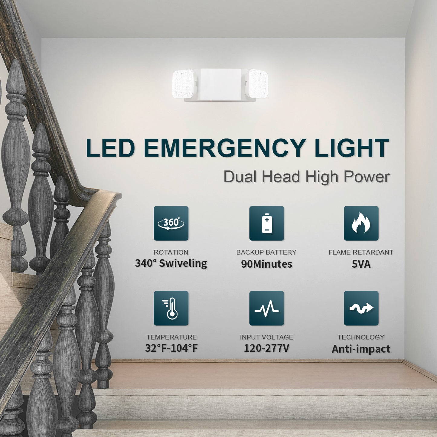 Twin Adjustable Head LED Emergency Light With 90Min Battery Backup