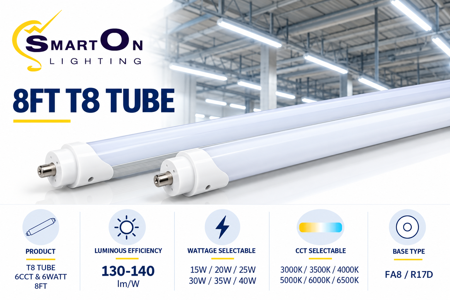8FT T8 LED Tube Light – 6 Wattage & 6 CCT Selectable, FA8/R17D Base