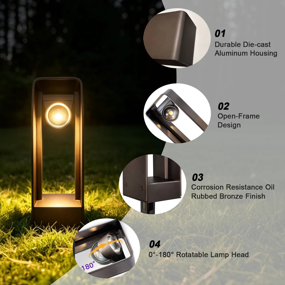 Oil-rubbed Brown Low Voltage Rotatable Pathway Lights, 180° Adjustable Head, 3000K 3W, LED Landscape Lighting for Wet Location, Wired walkway lights for Garden Yard