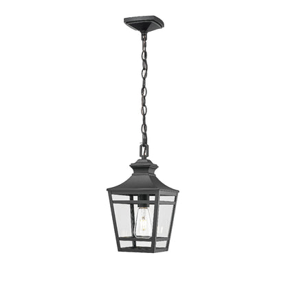 Outdoor Pendant Light E26 Socket, 14.5'' Modern Exterior Hanging Light Fixture with Clear Glass, Farmhouse Black Metal Outside Chandelier for Patio Front Porch Foyer Entryway (1 pack)