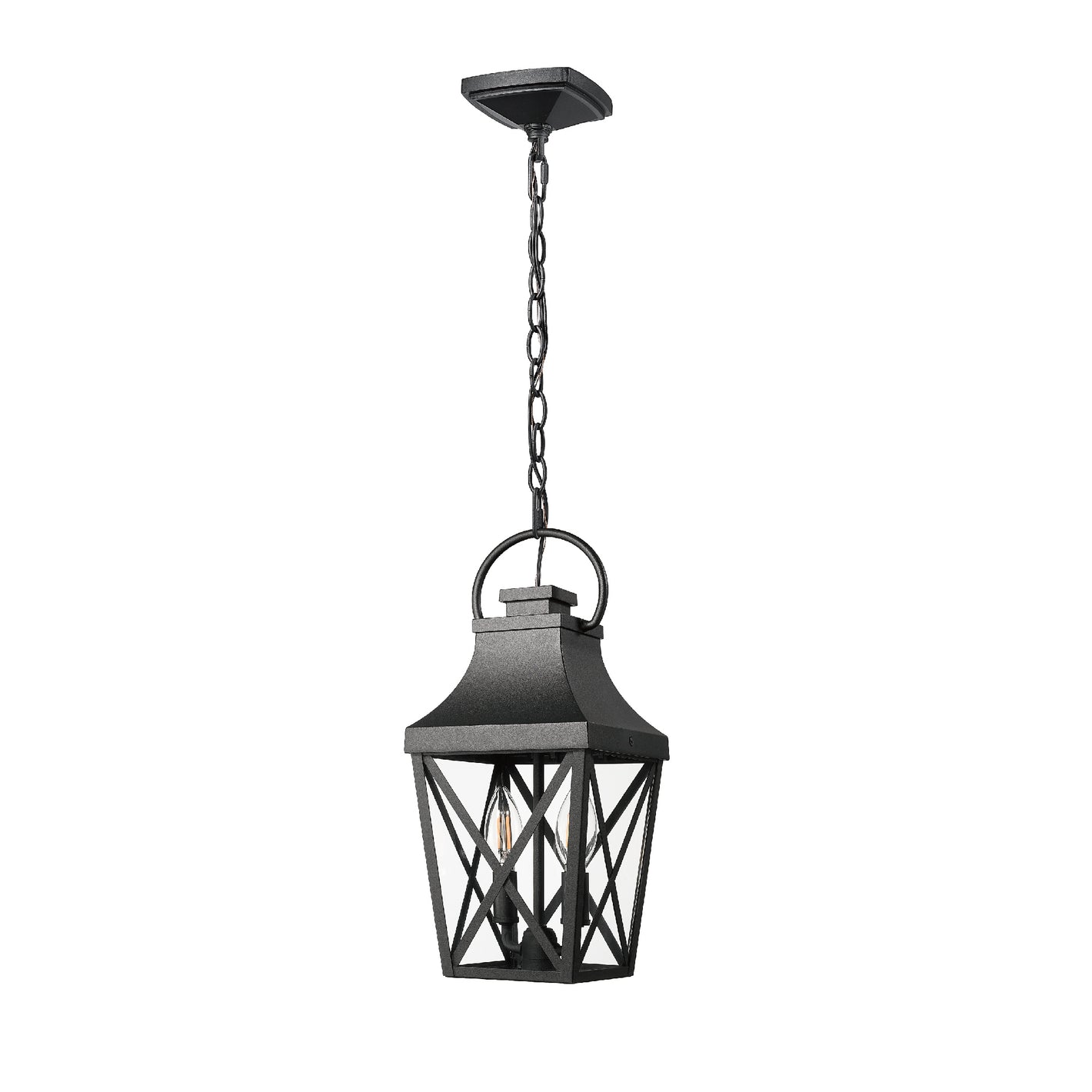 Black Outdoor Pendant Light 2-Light Outside Pendant Hanging Light Fixture Ceiling Mount with Clear Glass Industrial Hanging Cage Chandelier for Porch,Entryway,Doorway,Farmhouse (1 pack)