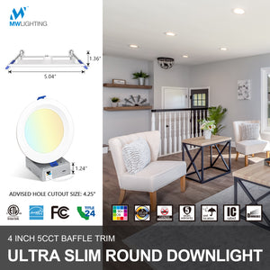 MW Lighting 4 Inch LED Canless Slim Recessed Light with Baffle Trim-2700k/3000k/3500k/4000k/5000k