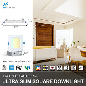 MW Lighting 6 Inch Square Canless Slim 5CCT LED Recessed Light with Baffle Trim-2700k/3000k/3500k/4000k/5000k