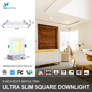 MW Lighting 8 Inch Square LED Canless Slim 5CCT Recessed Light with Baffle Trim-2700k/3000k/3500k/4000k/5000k