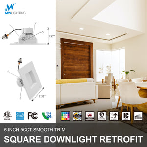 MW Lighting 6 Inch LED Square Retrofit Recessed Downlight with Smooth Trim-2700k/3000k/3500k/4000k/5000k,1000 Lumens,15W=100W, Energy Star & ETL