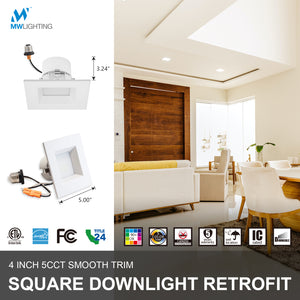 MW Lighting 4 Inch LED Can Light Square Retrofit Recessed Downlight with Smooth Trim-Selectable 2700k/3000k/3500k/4000k/5000k