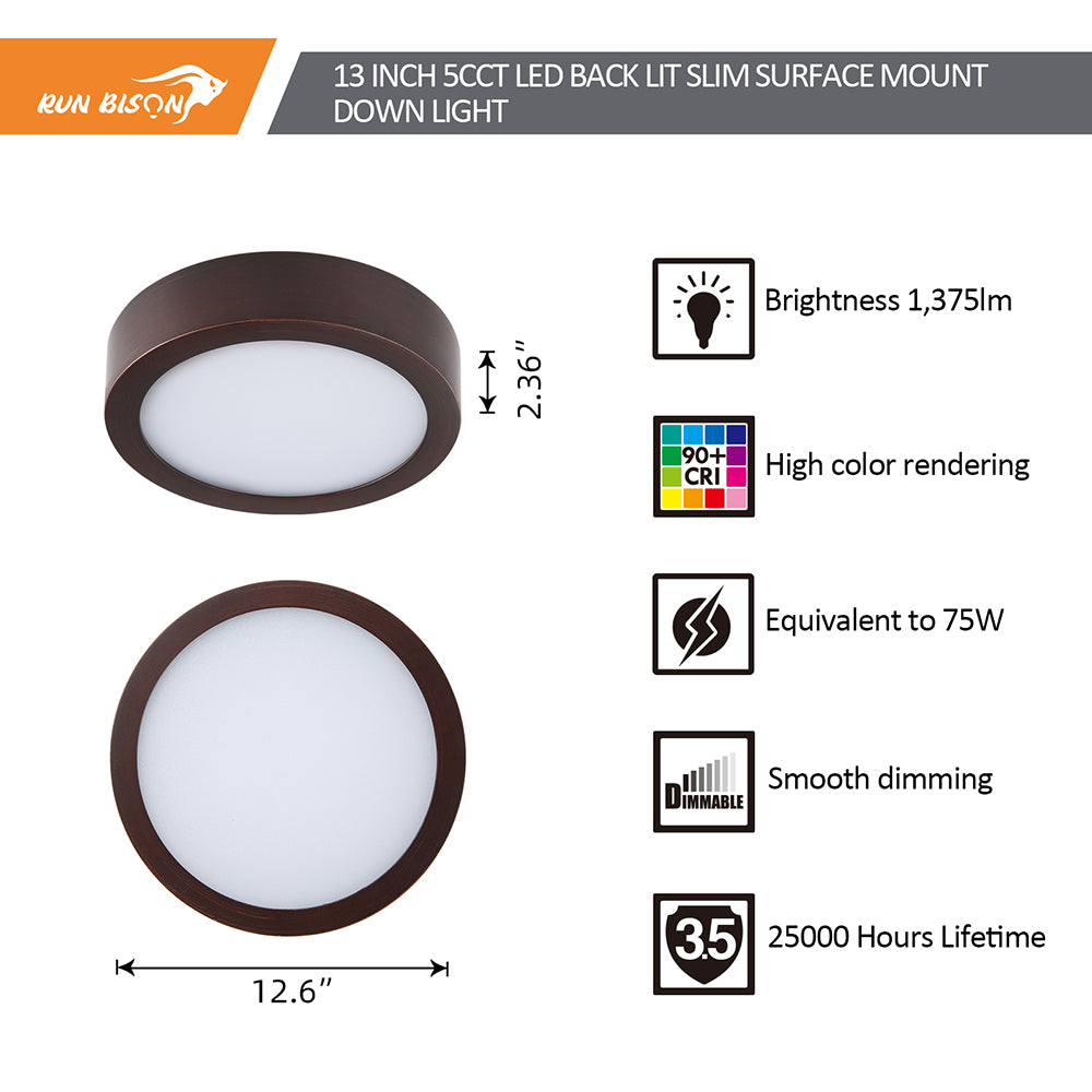 13 Inch Round Surface Mount Panel 5CCT 1375Lumens Bronze