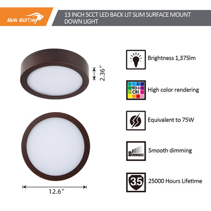 13 Inch Round Surface Mount Panel 5CCT 1375Lumens Bronze