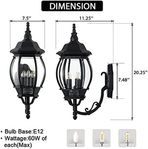 Run Bison Waterproof Wall Lantern Fixture with 3 candelabra/E12 base light sockets, Black Finish, Clear Bevelled Glass (Bulbs NOT included)