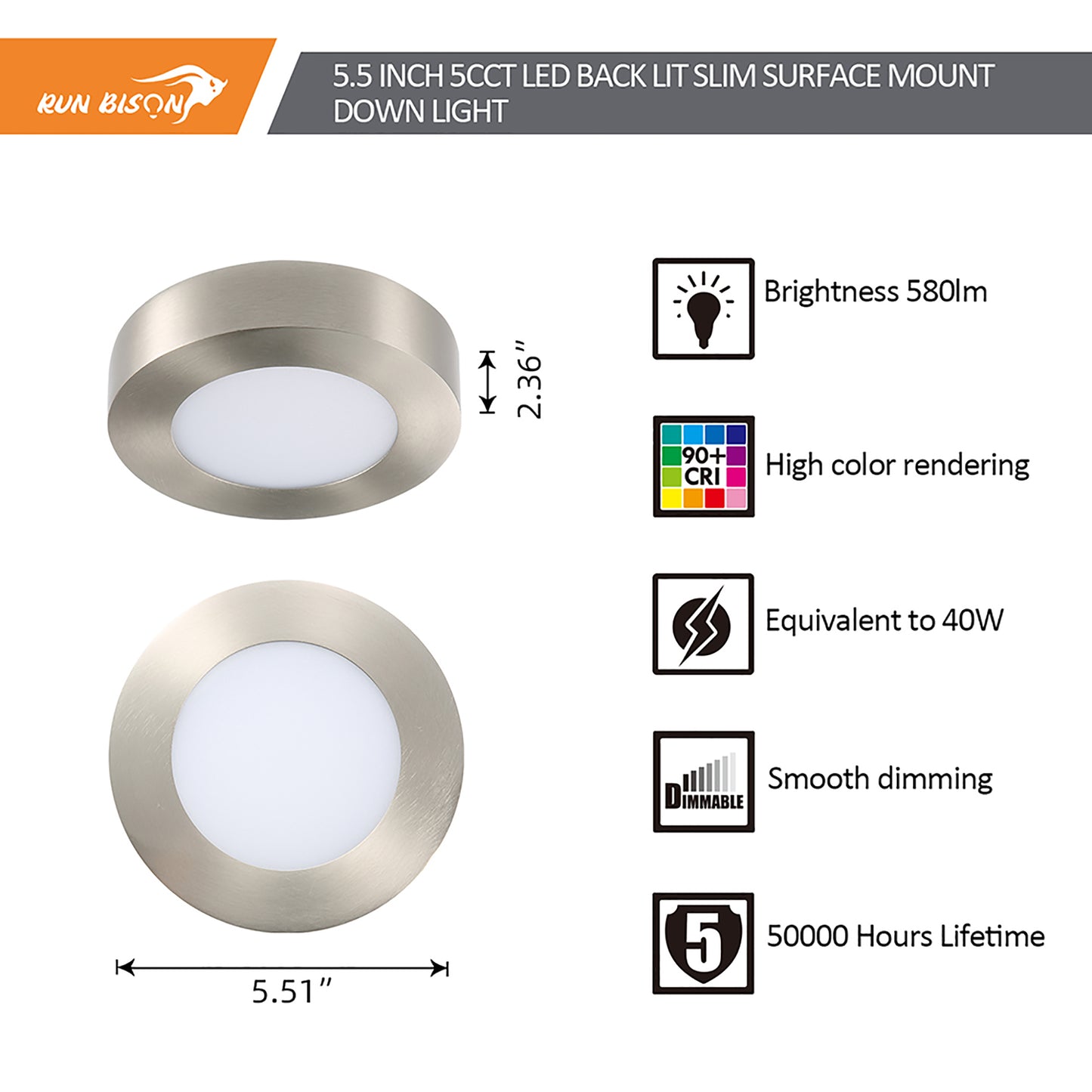 5.5 Inch Round Surface Mount Panel 5CCT 580Lumens Brush Nickel