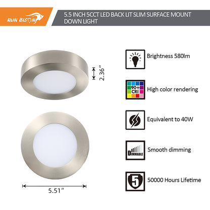 5.5 Inch Round Surface Mount Panel 5CCT 580Lumens Brush Nickel