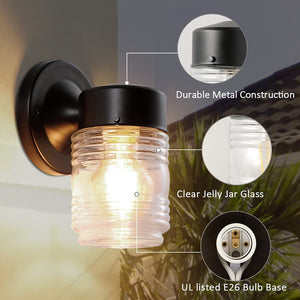 Run Bison 2pack Waterproof Jelly-Jar Wall Lantern with E26 base socket, Matte Black, Clear Glass (Bulb NOT included)