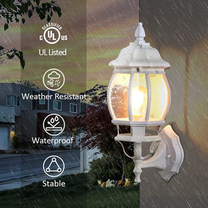 Run Bison outdoor waterproof Wall Lantern with 1 medium/E26 base light socket, White Finish, Clear Bevelled Glass (Bulb NOT included)
