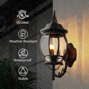 Run Bison Waterproof Wall Lantern Fixture with 3 candelabra/E12 base light sockets, Black Finish, Clear Bevelled Glass (Bulbs NOT included)