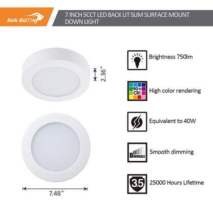 7 Inch Round Surface Mount Panel 5CCT 750Lumens White