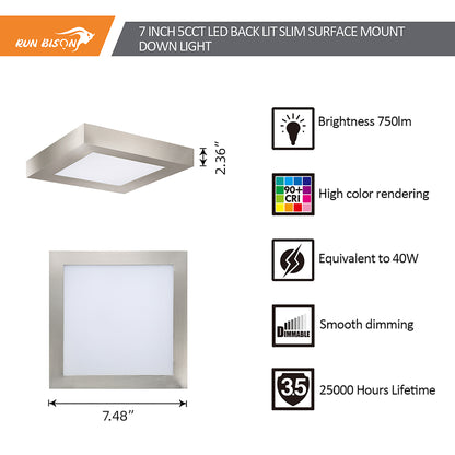 7 Inch Surface Mount Panel 5CCT 750Lumens Brush Nickel