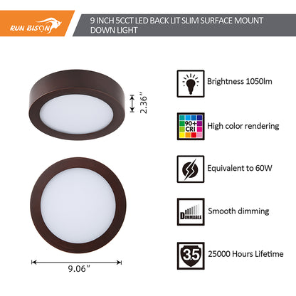 9 Inch Round Surface Mount Panel 5CCT 1050Lumens Bronze