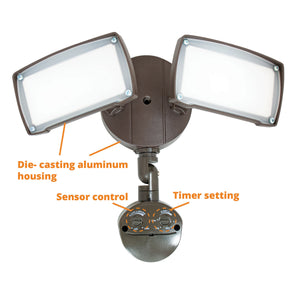 Double Head Square LED Security Light with Motion Sensor and photocell, Bronze Finish