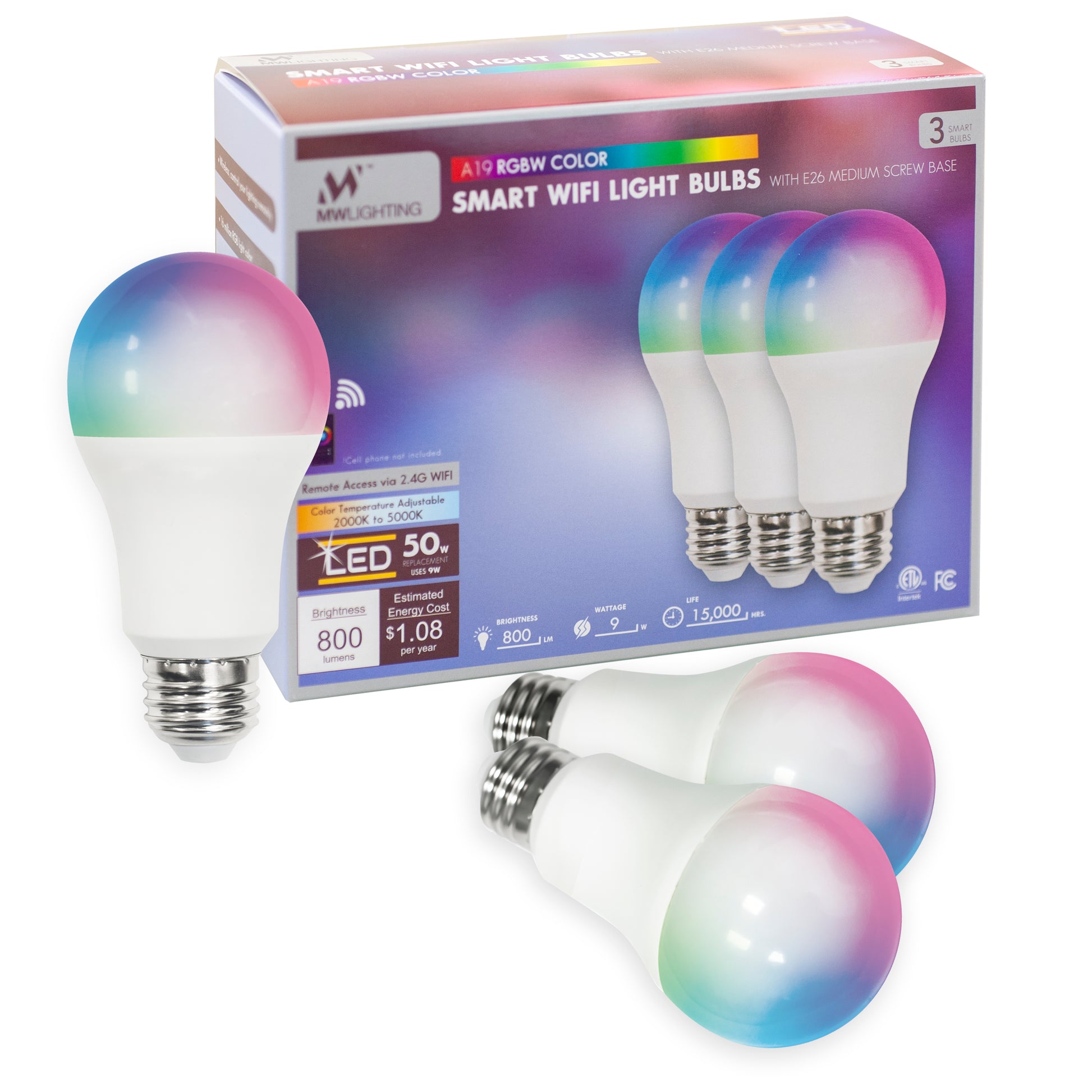 MW Lighting 3pack A19 LED RGBW Smart WIFI Bulb, E26 Screw Base