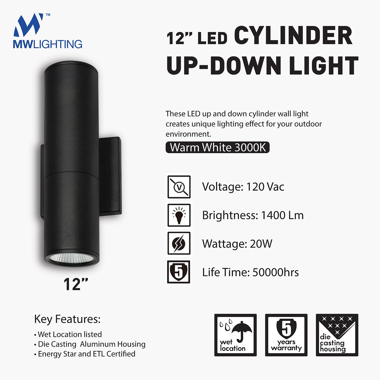 2-lights waterproof wall mount cylinder light