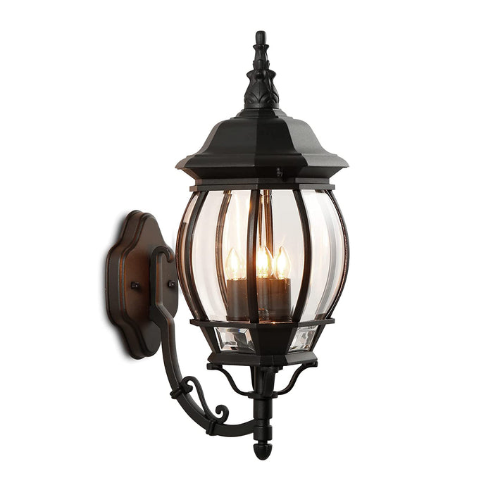 Run Bison Waterproof outdoor Wall sconce, 3 candelabra/E12 base light sockets, Black Finish, Clear Bevelled Glass (Bulbs NOT included)